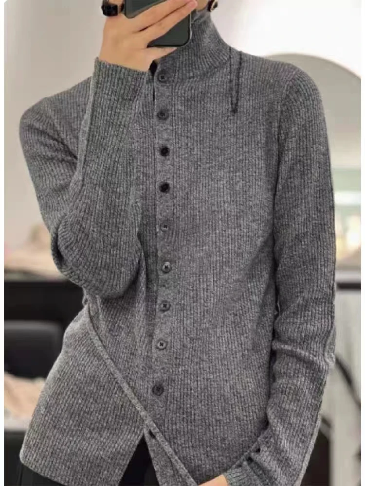 Europe station pure cashmere cardigan women\'s turtleneck autumn and winter new temperament with lazy gray sweater coat sweater