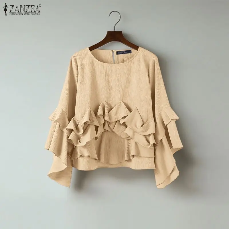 Elegancka bluzka damska z długim rękawem ZANZEA, modna kolekcja 2025, falbaniaste topy, okrągły dekolt, luźna koszula, koreański styl streetwear, bluzki damskie.