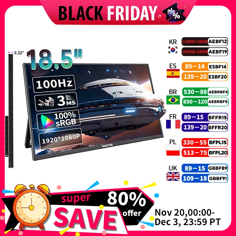 

HGFRTEE Portable Monitor 18.5 Inch Computer Gaming Display 100Hz 100% sRGB FHD 1080P Screen for Laptop Holiday Gift PC PS4/PS5