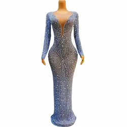 Sexy Stage Bling Silver Rhinestones Birthday Celebrate Blue Dress Dance Stretch Crystals Outfit Prom Singer Dance Collections