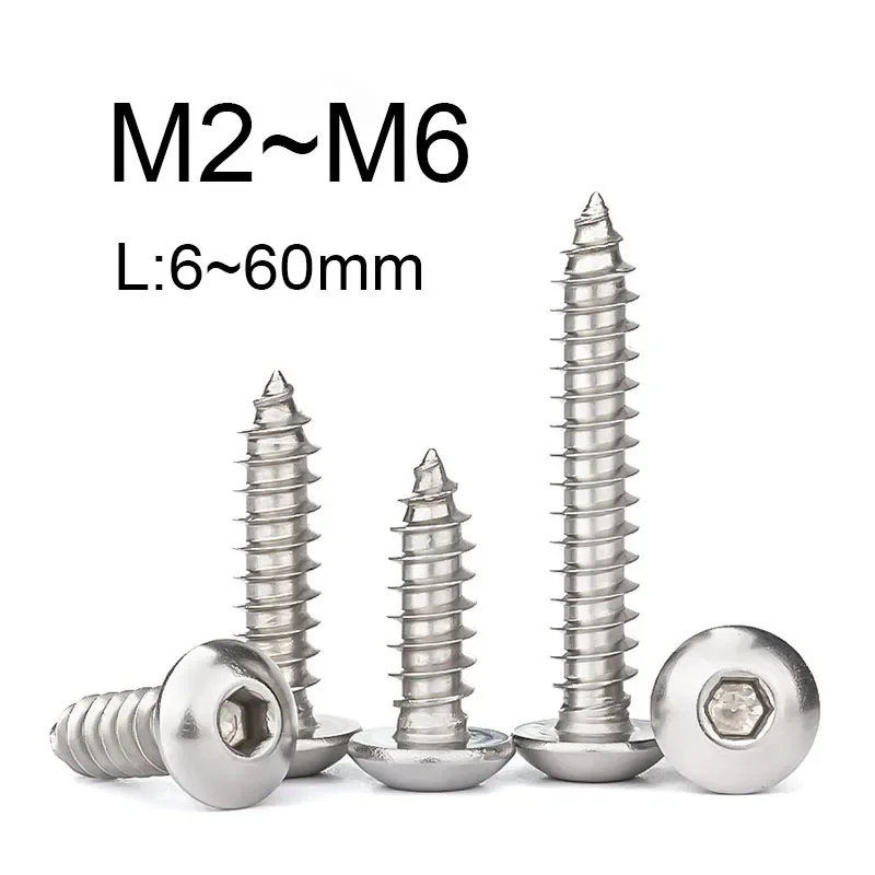 10~100PCS 304 Stainless Steel Round Hex Socket Head Screws M2M2.5M3M3.5M4M5M6 Tapping Wood Screw Tip-tailed Self-tapping Nails