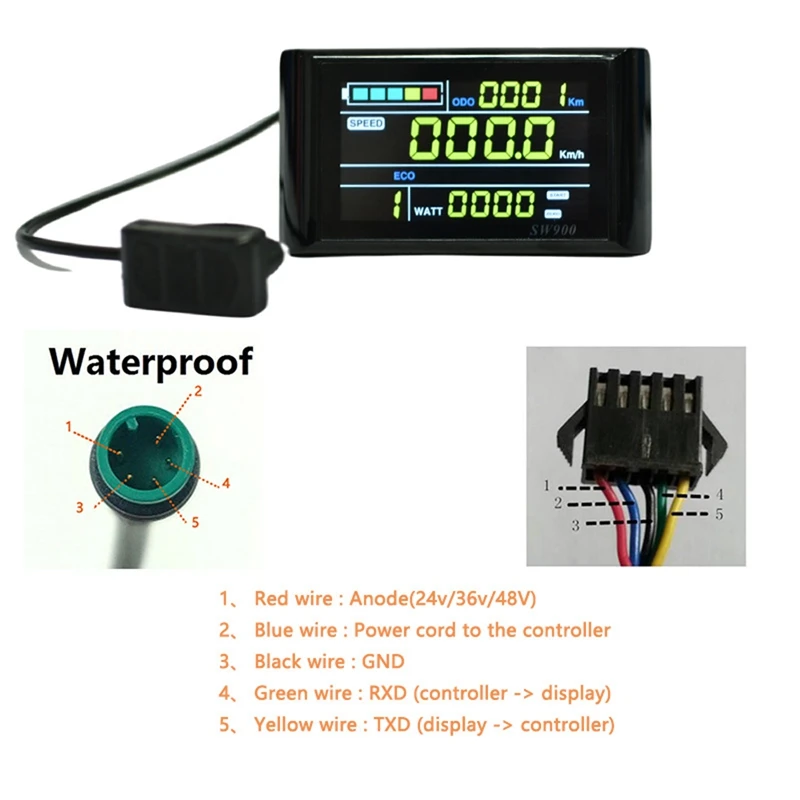 

【RU09】SW900 Colour Screen Ebike LCD Display 24V/36V/48V/60V/72V E-Bike LCD Meter Panel Display Ebike Accessories A