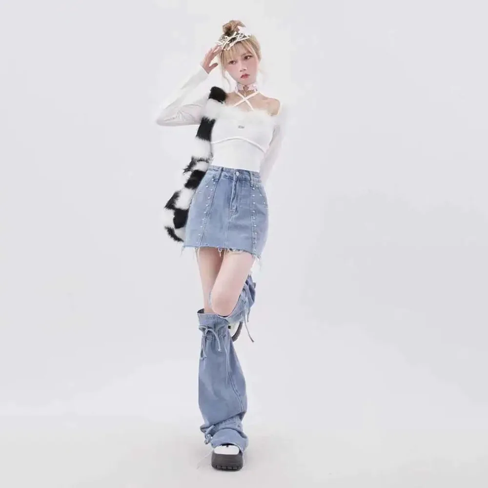 Rayohopp Denim Skirt Cover Leg Set For Women Spring Summer High Street Hot Girl Grunge Y2K Two Piece Set Trendy Mini Jean Skirts