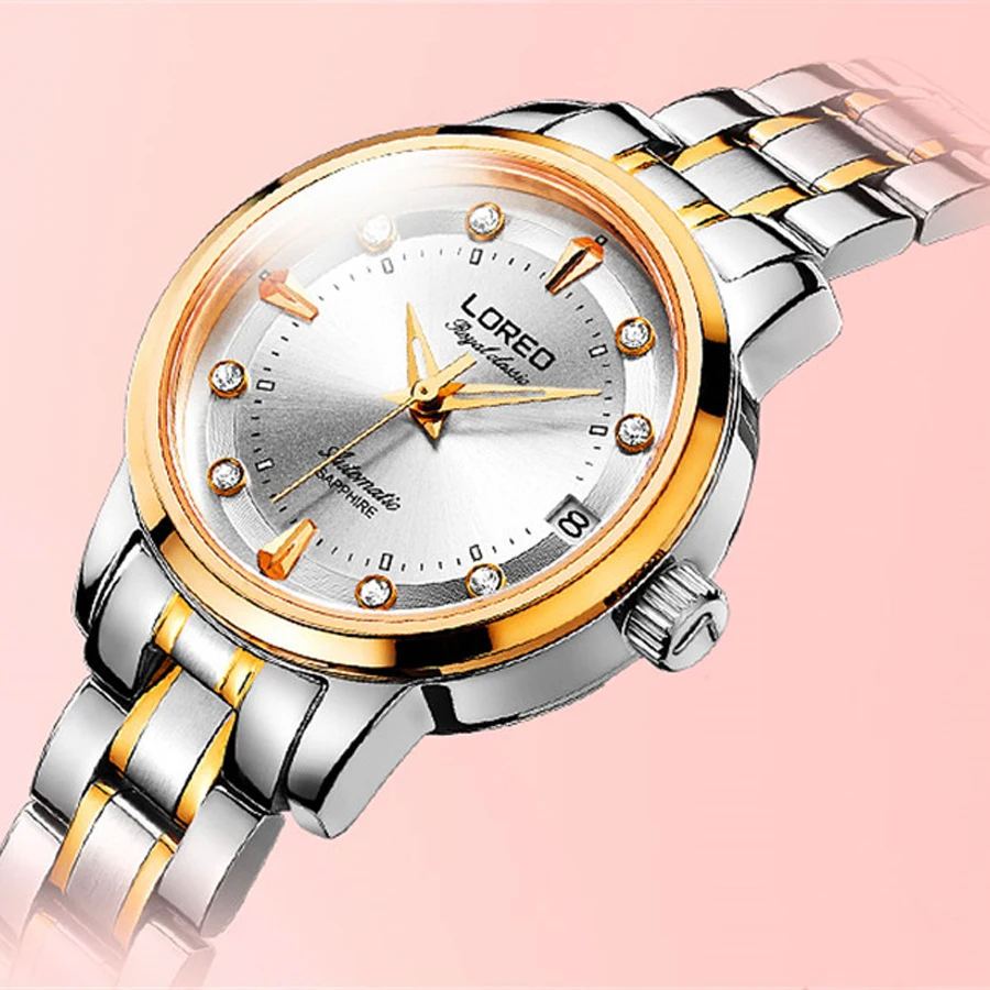 Loreo safira moda feminina relógio mecânico automático senhora pulseira de couro alta qualidade casual relógio de pulso à prova dwristwatch água