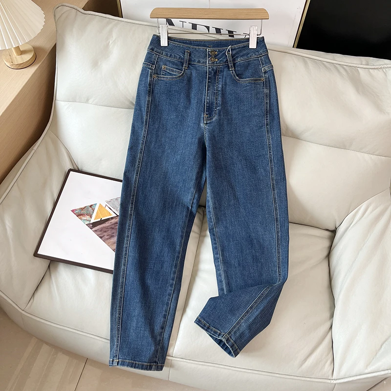 

Elegant High Waist Slim Fit Retro Two Button Denim Jeans Women's Long Pants Autumn Fashion Ladies' High Waist Cone Shaped Jeans