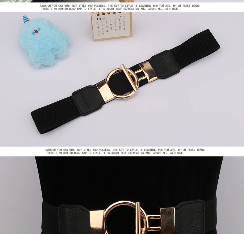 Damenmode-Gürtel mit runder Schnalle, einfacher 4 cm breiter elastischer Bund, dekoratives Temperament-Taillenmieder – Detail 6