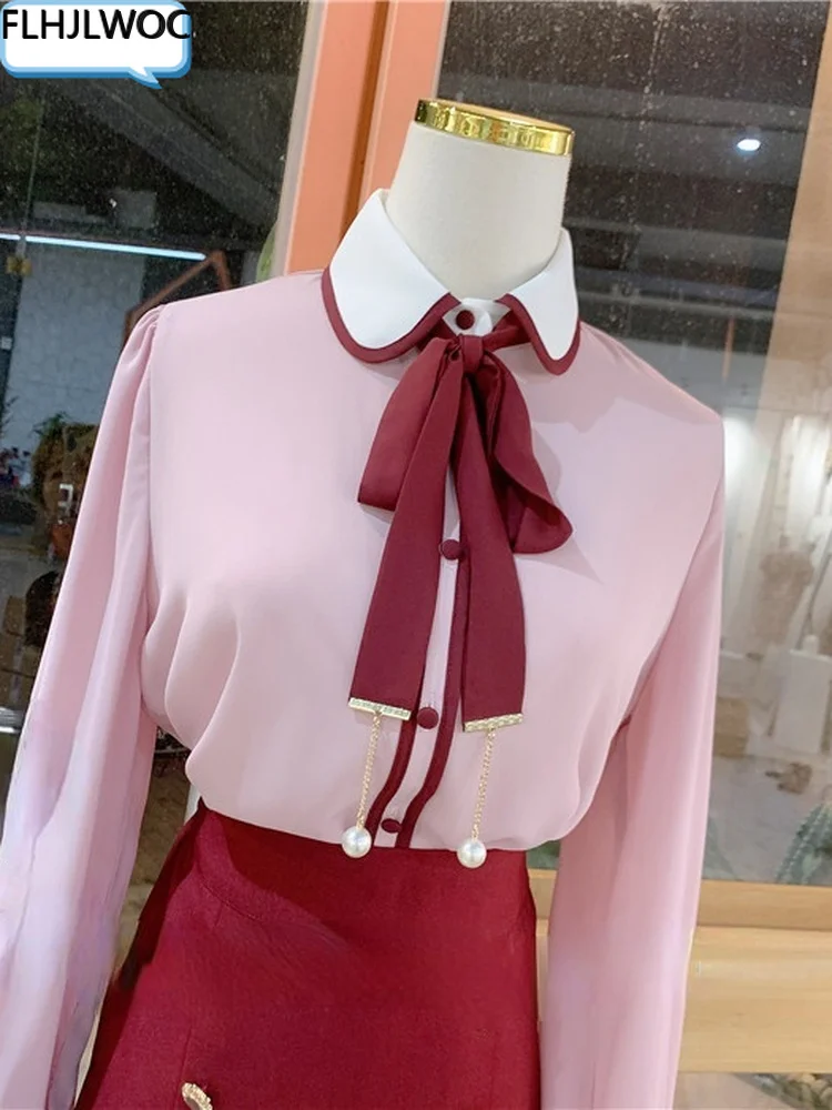 2022 Spring Summer Cute Bow Tie Tops Women Long Sleeve Korea Japanese Preppy Style Formal White Button Shirts Blouse 1221