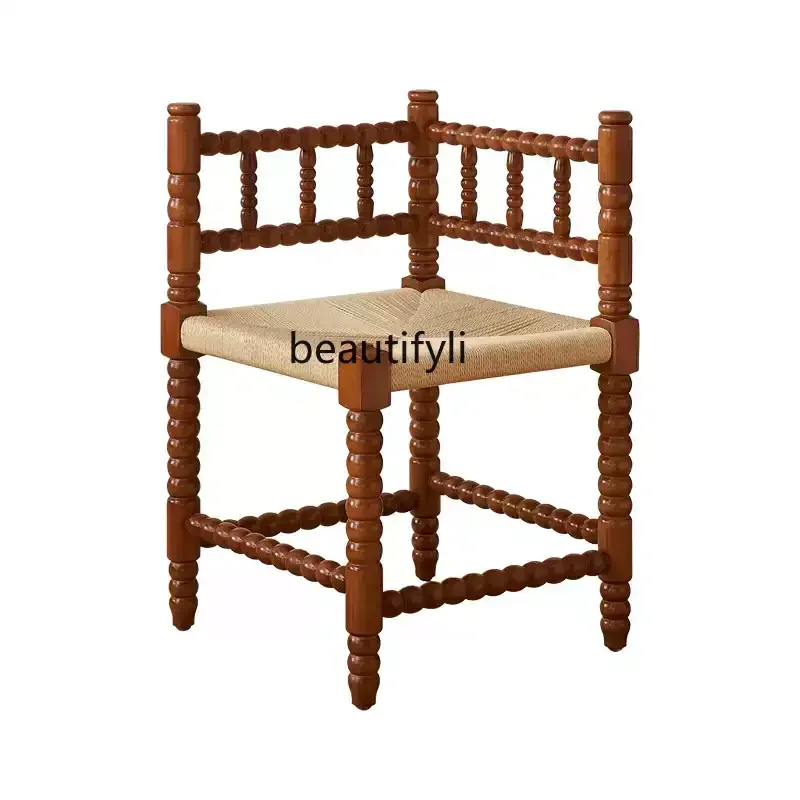 French retro solid wood corner chair hand-woven carved armrest dining chair designer