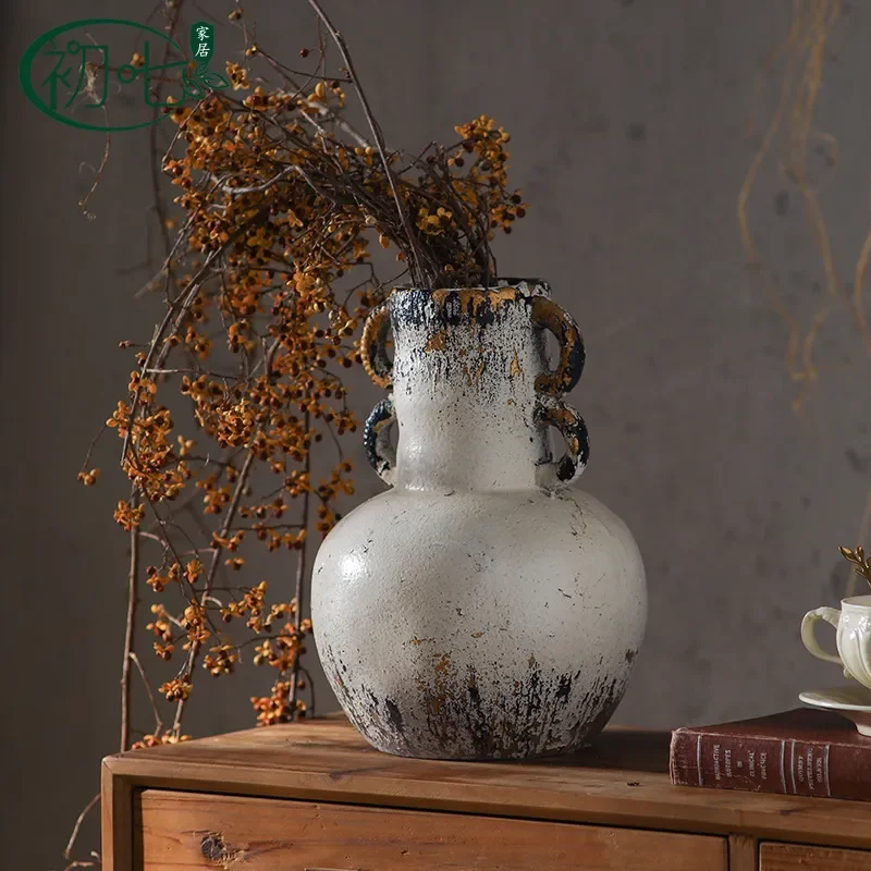 Wabi Sandy Wind Antique Vase Ornament Homestay Coarse Pottery Retro Flower Arrangement Container Household Home Dried Flower
