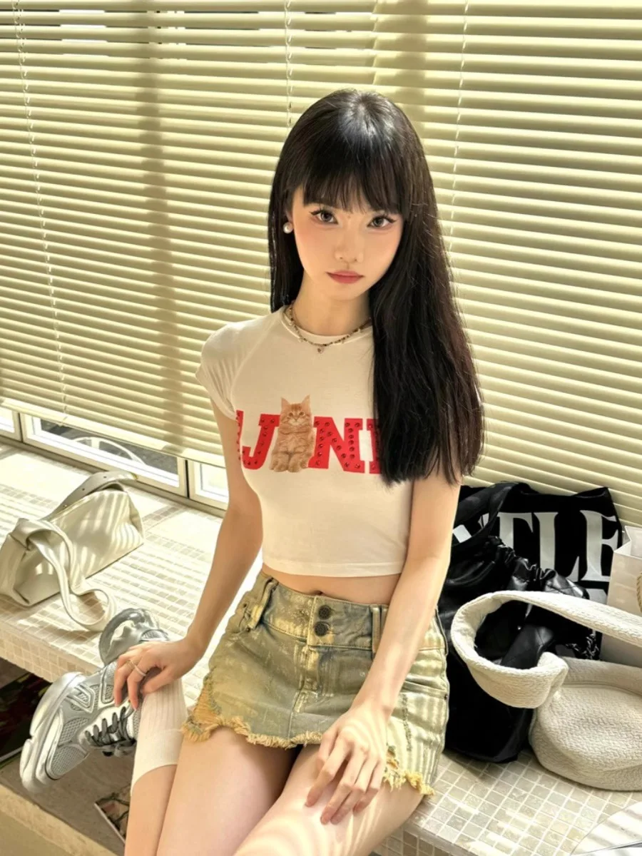 American Style Y2k Millennium Spice Girls Washed Worn Gold Stamping Low Waist Denim Skirt Female Skinny-Wrapped Hip Skirt Trend