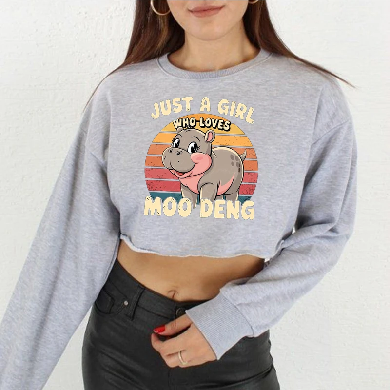 Just A Girl Moo Deng Funny Cute Animal Baby Hippo Crop Crew Neck Sweatshirt Text Print Retro Harajuku Winter Clothing