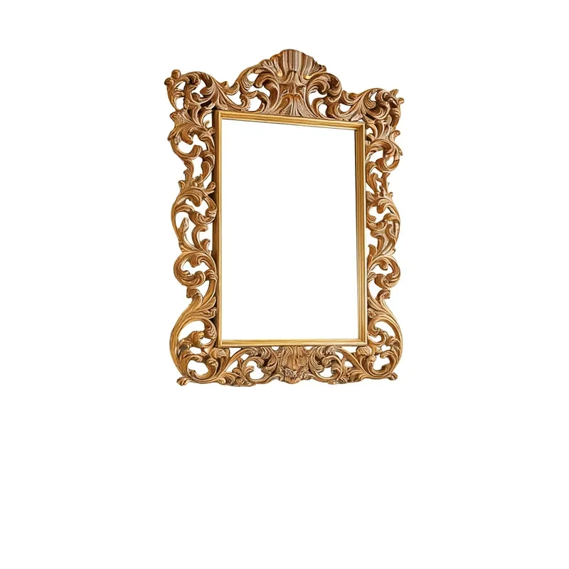 European Rococo Gilt Hanging Mirror Frame Hollow Carved Border Makeup Mirror Living Room Entrance Wall Decor