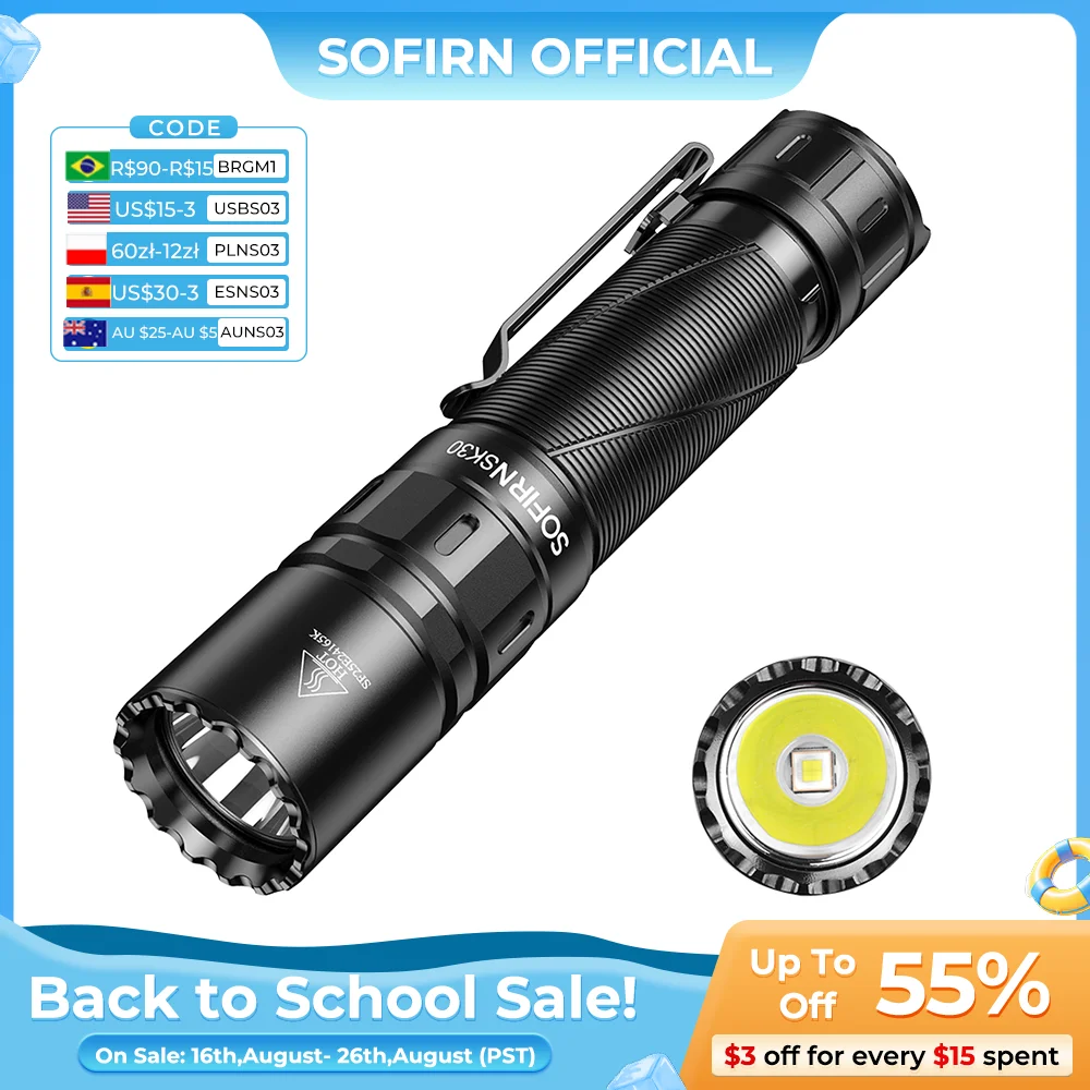 SOFIRN SK30 3000LM Taktische Taschenlampe 6000K SFT70 LED-Licht 21700 USB C wiederaufladbare EDC-Taschenlampe mit Doppelschalter