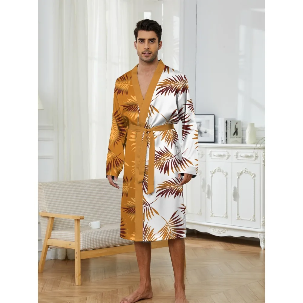 

Men's 3D contrasting leaf prints light long-sleeved bathrobe adjustable belt loose all season universal home clothing smooth sil