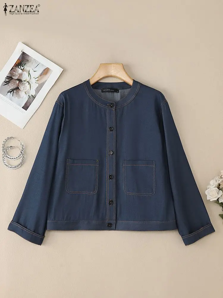 

ZANZEA джинсовые куртки с контрастной вышивкой, женские осенние легкие куртки с длинными рукавами и круглым вырезом на пуговицах, верхняя одежда, женская одежда, S-3XL