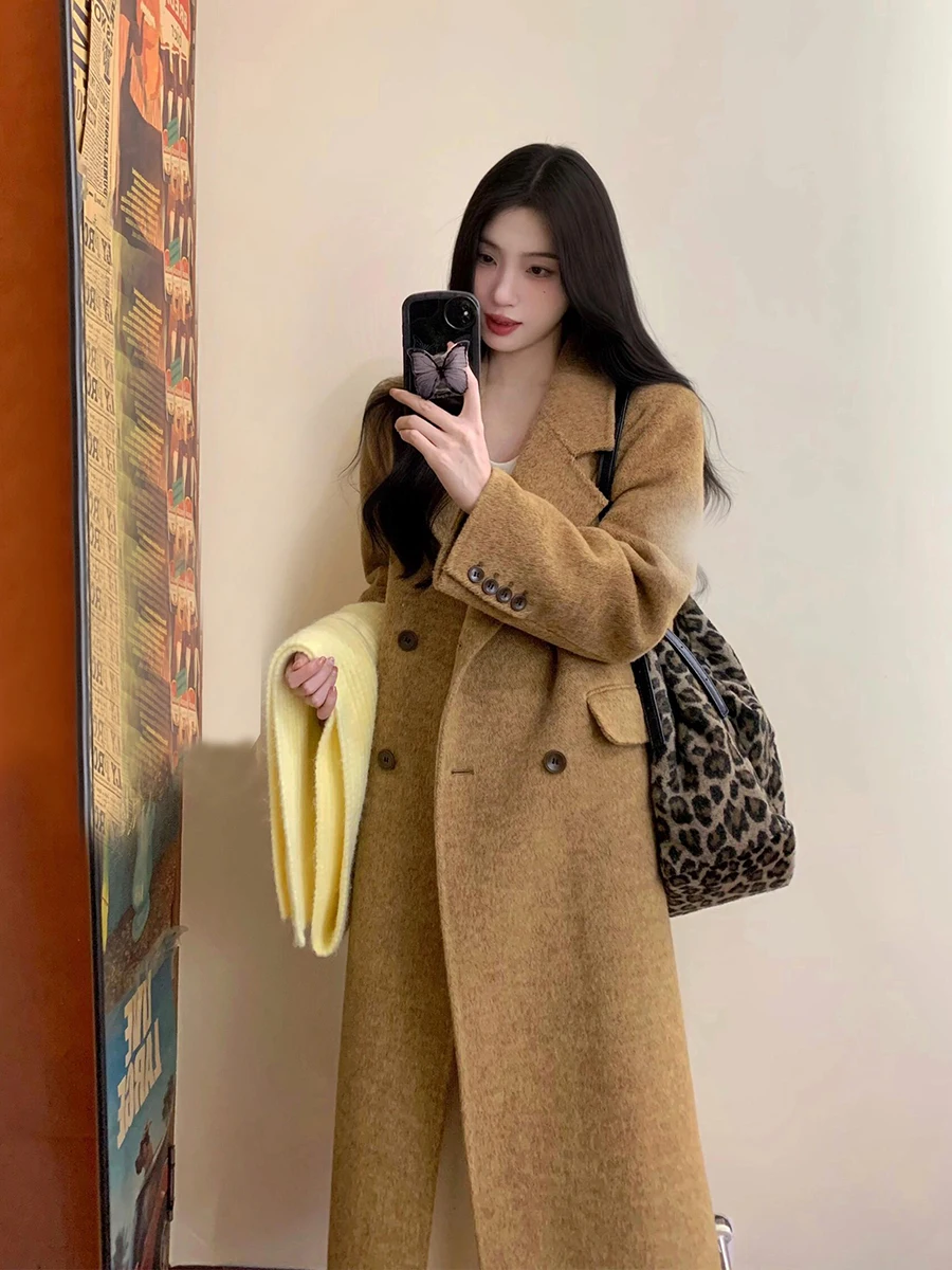 

Ele Mid-Length Woolen Coat for Women Double-Breasted Camere Coat Unique Sli Korean Sle Commute Long Sve Coat