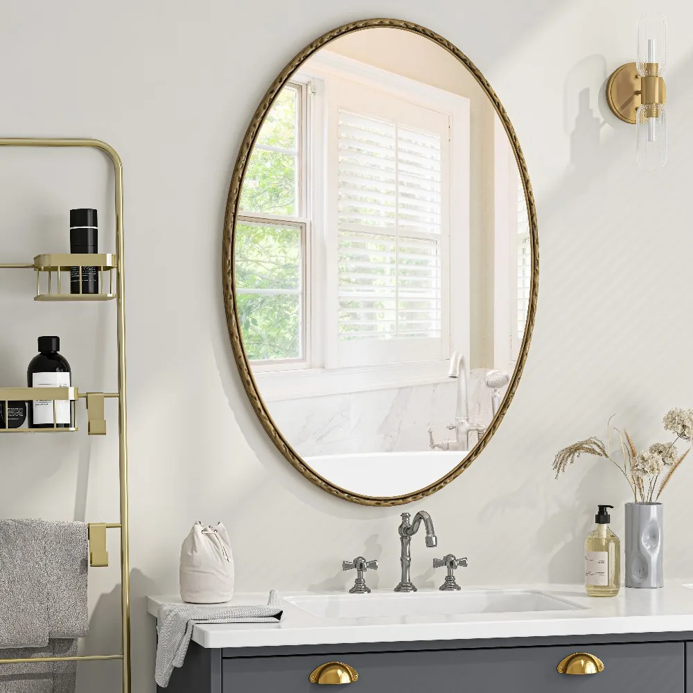 Miroir mural ovale antique, cadre en fer forgé avec effet vintage, verre de qualité supérieure et support en MDF, décoration élégante pour salle de bain, chambre à coucher, salon, à suspendre verticalement ou horizontalement (Or)
