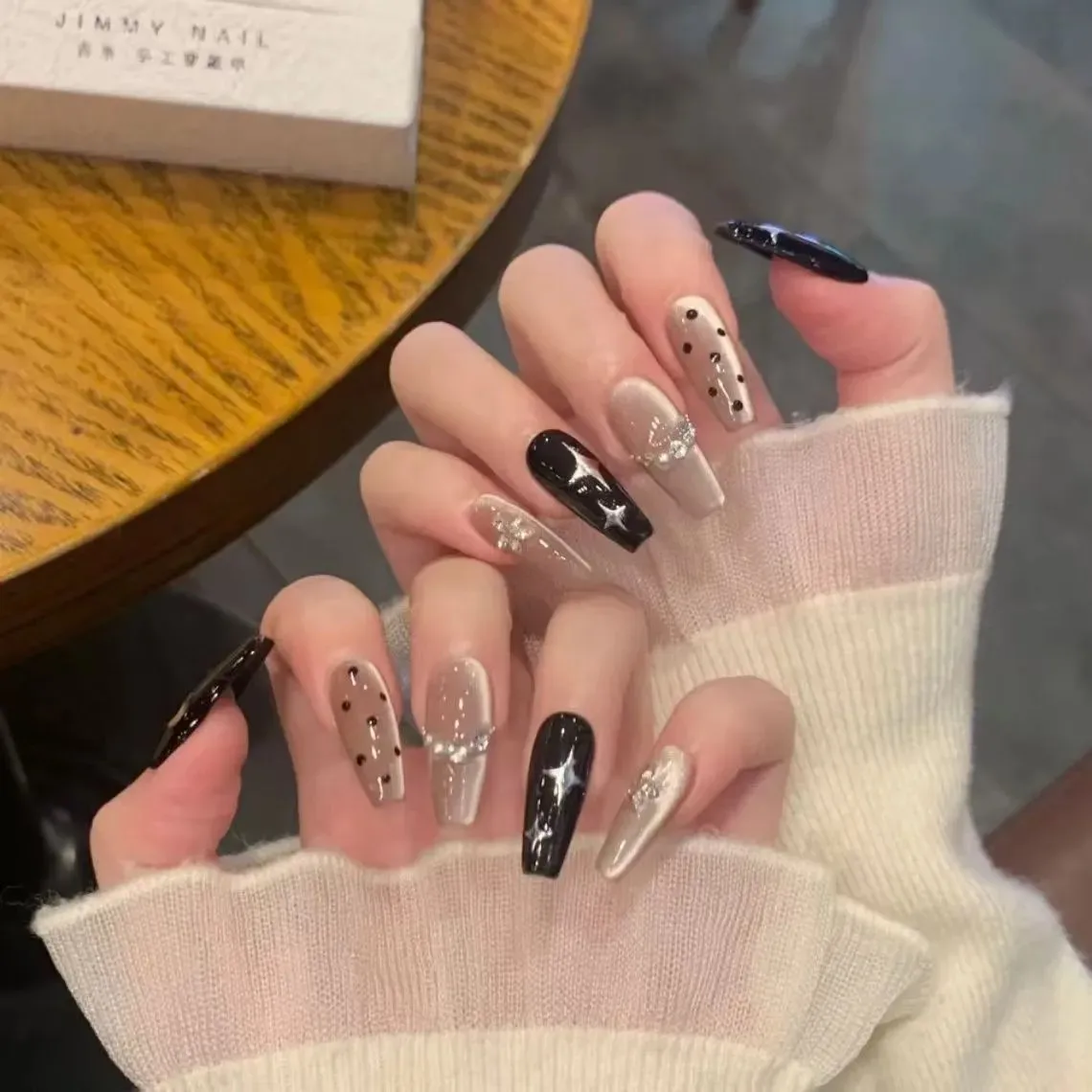 

Press on Nails & French Tip Nails, Almond Shape Fake Nails in Nude Black with Pearls Rhinestones Geometric Design Sparkle Effect