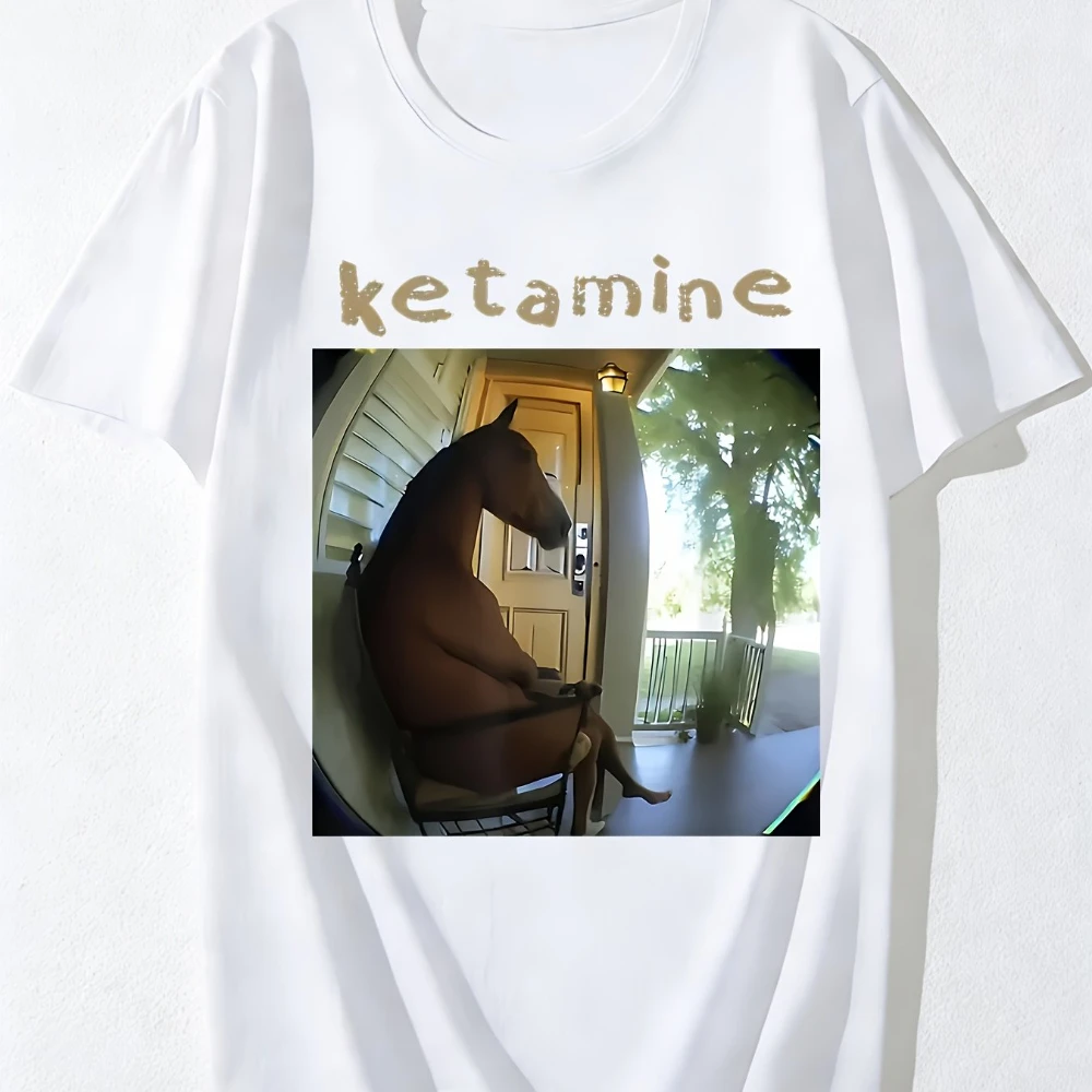 Men's Funny Ketamine Horse Meme T-Shirt Chair-Sitting Emergency Vet Humor, Casual Summer Round Neck Tee