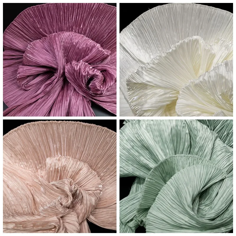 

Waterlight gloss pleated fabric by the meter for clothing dress skirt Stage Decoration DIY sewing designer cloth soft beige pink