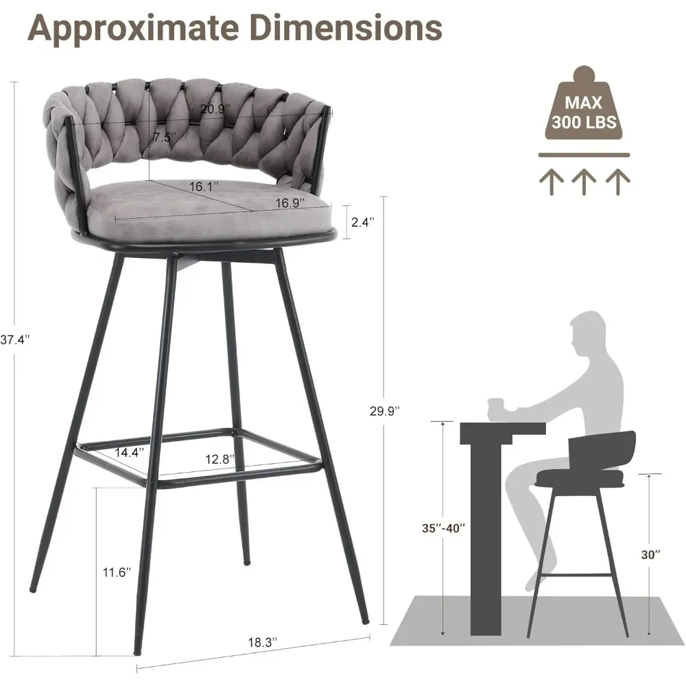 Taburetes de bar Altura de barra, 360 ° Taburetes de bar giratorios, silla de taburete, tela de gamuza, sillas de bar de diseño tejido moderno