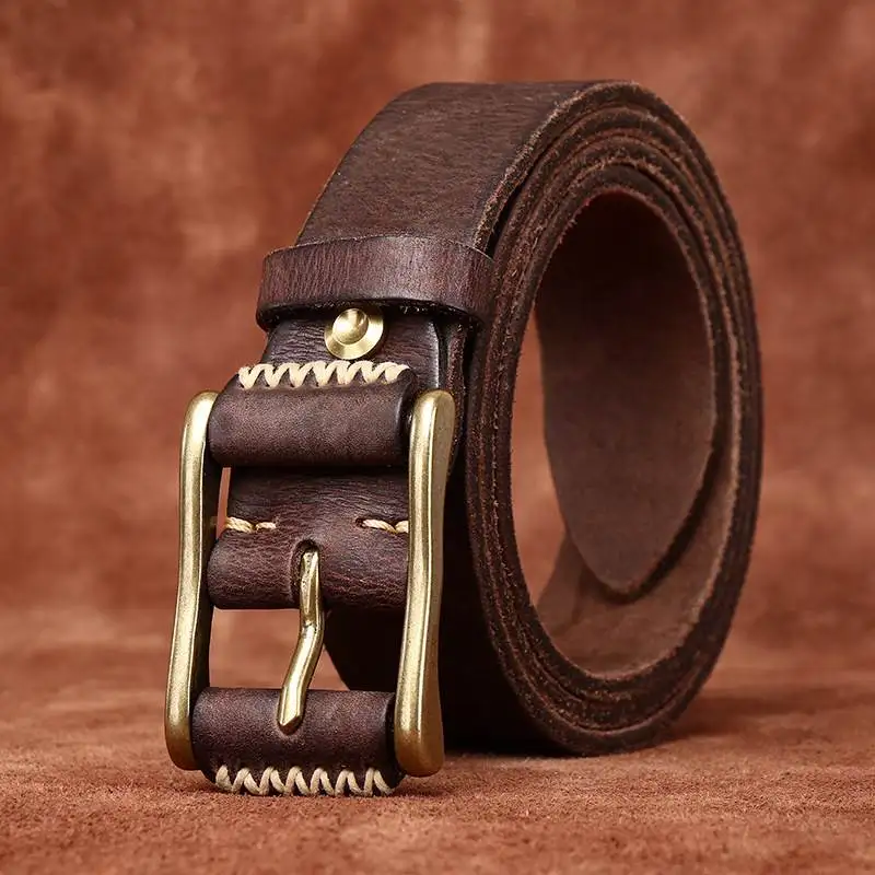 Washed retro and old belt men's fashion personalized leather first layer pure cowhide copper buckle denim overalls belt