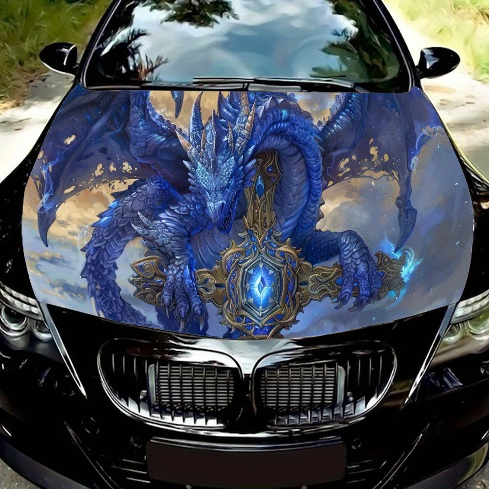 

Синий Дракон-хранитель Крест ПВХ автомобильные виниловые обертывания, самоклеящаяся водонепроницаемая наклейка на капот автомобиля, защитная палка для украшения автомобиля