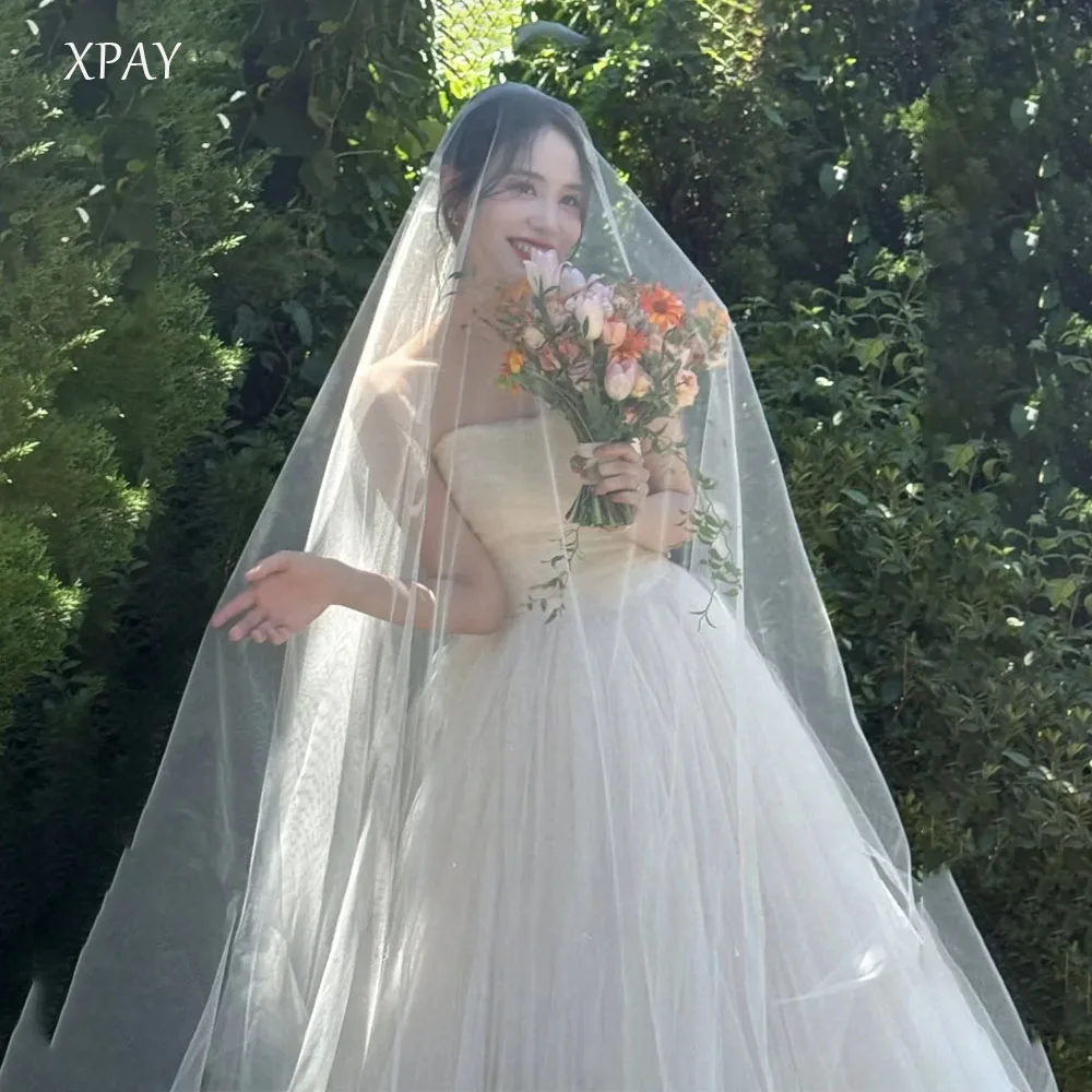 فستان زفاف XPAY Princess A Line من التول الكوري بدون حمالات فستان العروس لالتقاط الصور مخصص بطول الأرض منتفخ طويل فستان العروس