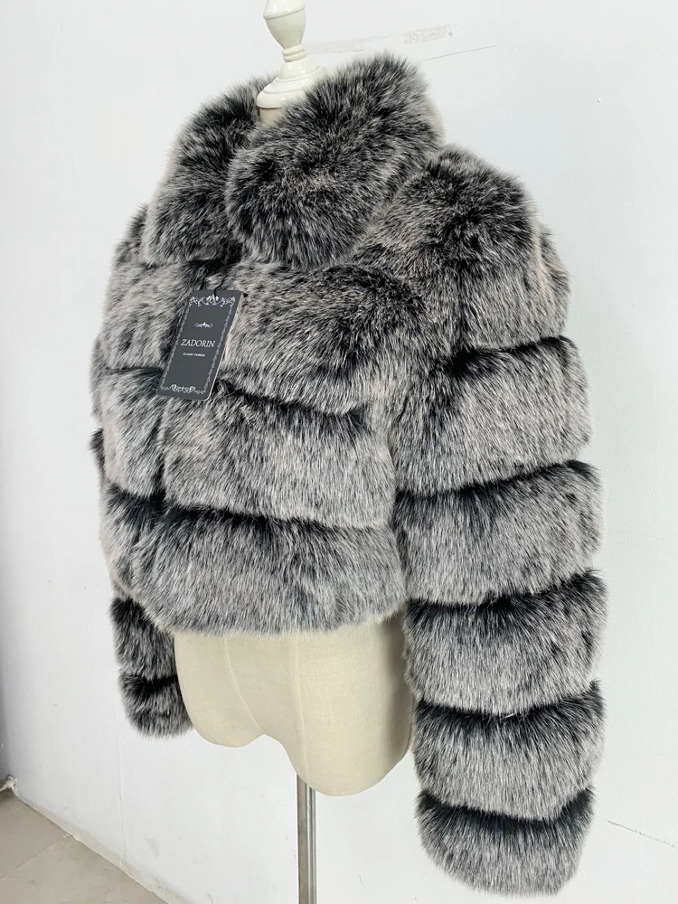 ZADORIN Top Fashion Cropped Fur Top FAUX Fox Fur Coat Women Turn Down Fur Collar Winter Fur Coats Women Fluffy Fur Jacket