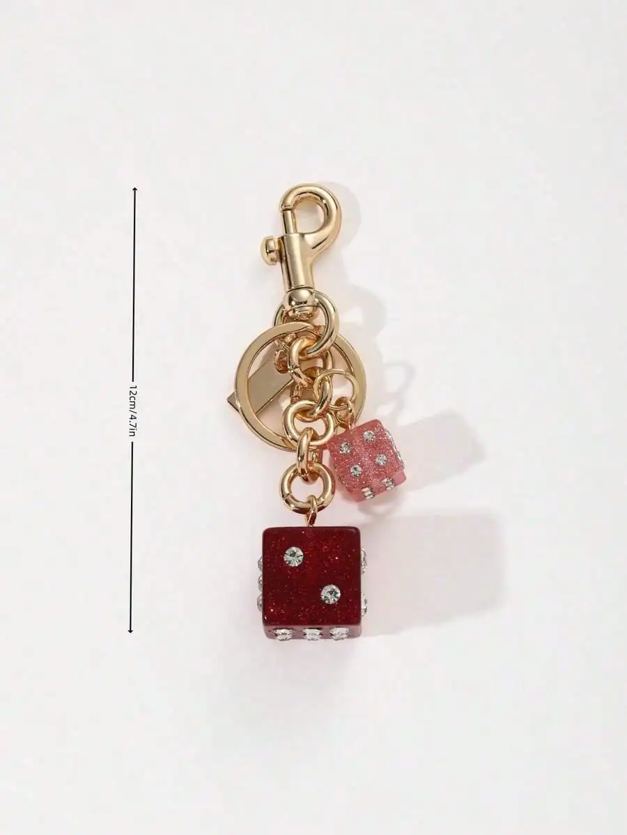 

Dice Bag Charm Keychain With Rhinestones For Women Purse Accessory