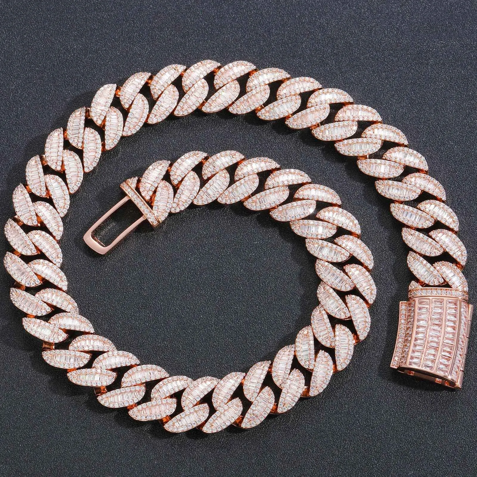 Hip hop necklace 20mm rose gold mixed with T-shaped zircon Miami Cuban chain heavy industry domineering men's necklace