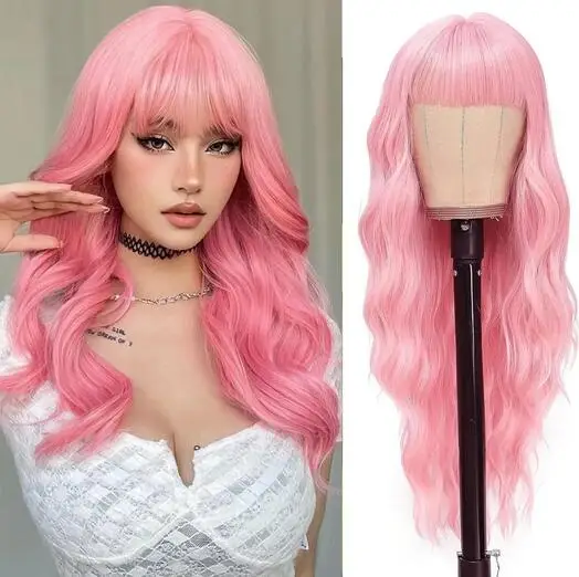 

Long Curly Chemical Fiber Synthetic Wig With Fringe Pink Cosplay Party Lolita Hair Wig For Women Natural Heat Resistant Wig