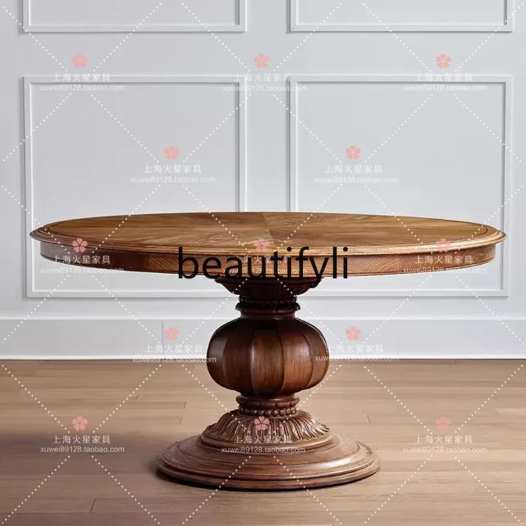 

A38 French retro solid wood home round dining table and chair combination carved dining table restaurant furniture