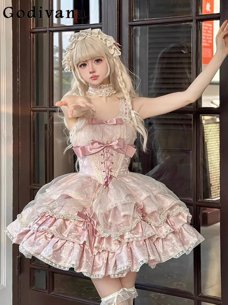 

Girly Harajuku Sweet Cute Puffy Cake Princess Dress Japanese Bow Lace Y2k Lolita Dresses Women Slim-Fit Elegant Evening Dresses