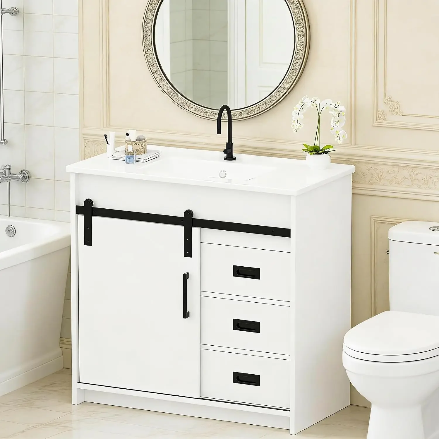 36 Inch Bathroom Vanity with Ceramic Sink, Farmhouse Bathroom Sink Cabinet with Drawers and Sliding Door, Freestanding Bathroom