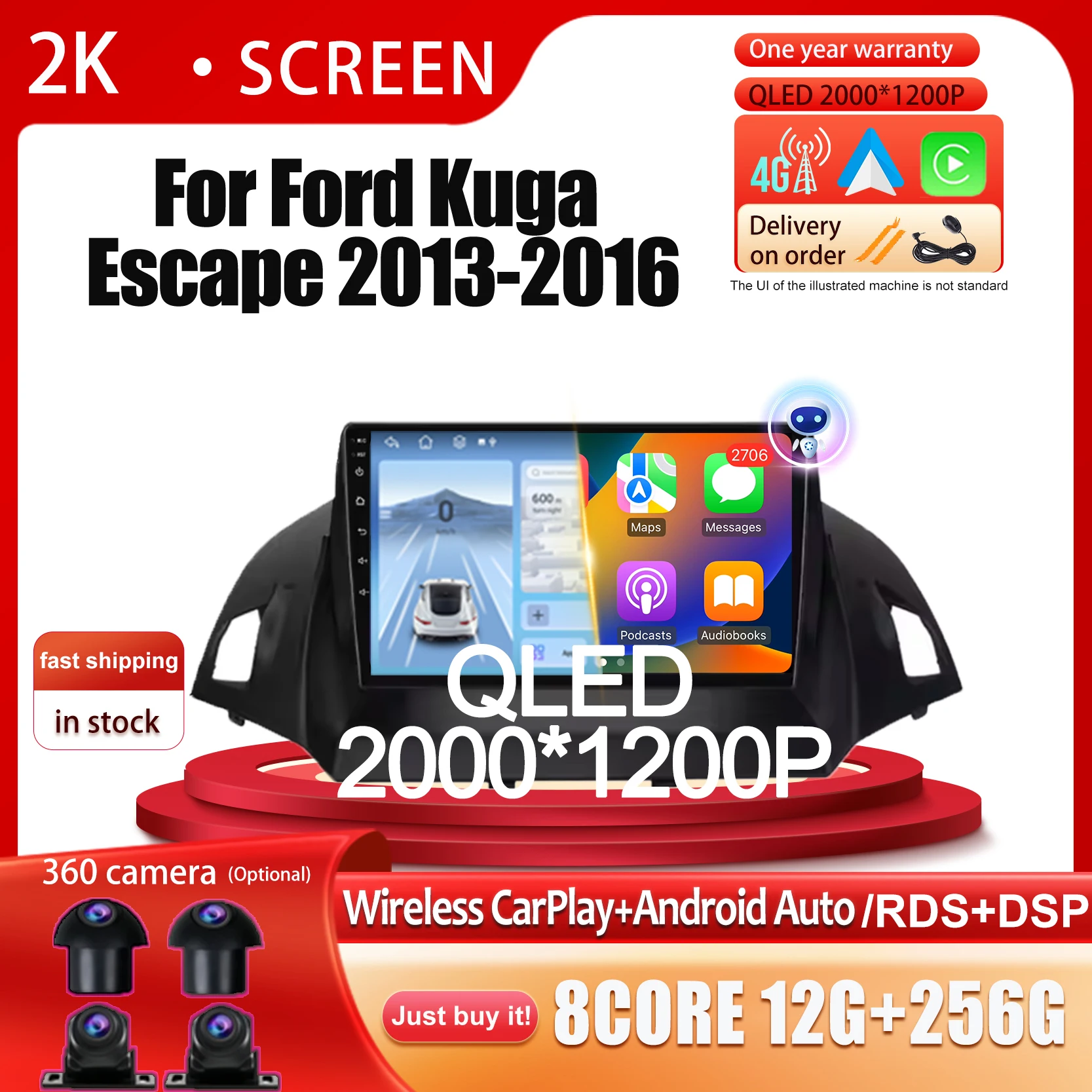 

Android 15 For Ford Kuga Escape 2013 2014 2015 2016 Carplay Car Radio Multimedia Stereo Player WiFi GPS Navigation Video
