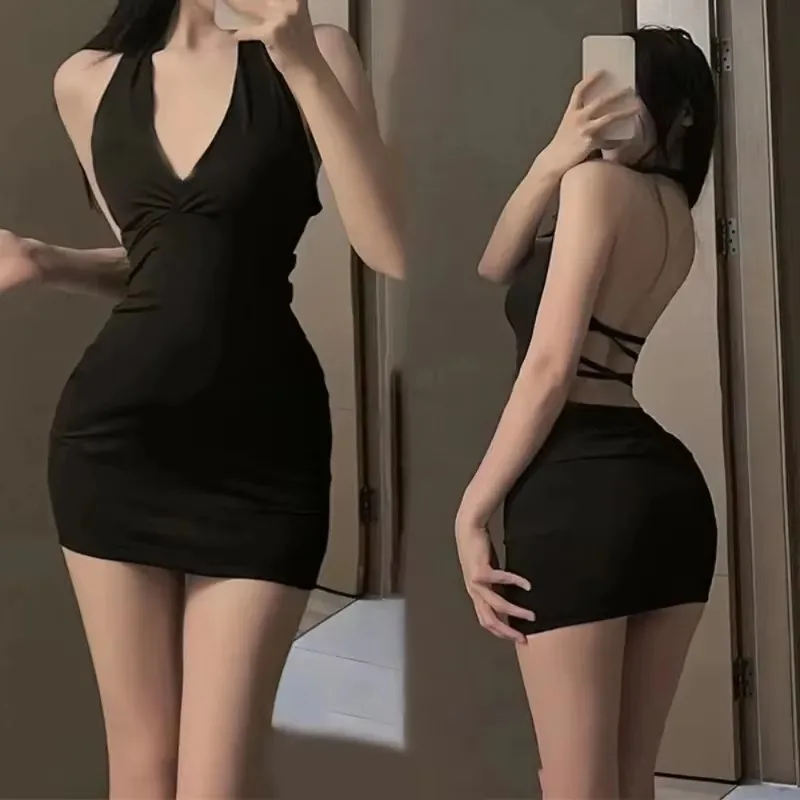 Women Sexy Halter Backless Slim V-neck Wrap Black Party Night Mini Dress image 4