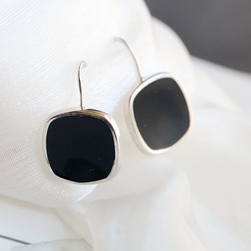 Authentic 925 Sterling Silver Earrings Lady Retro Style Charm Inlaid Natural Black Agate Square Earring Concise Trendy Jewelry