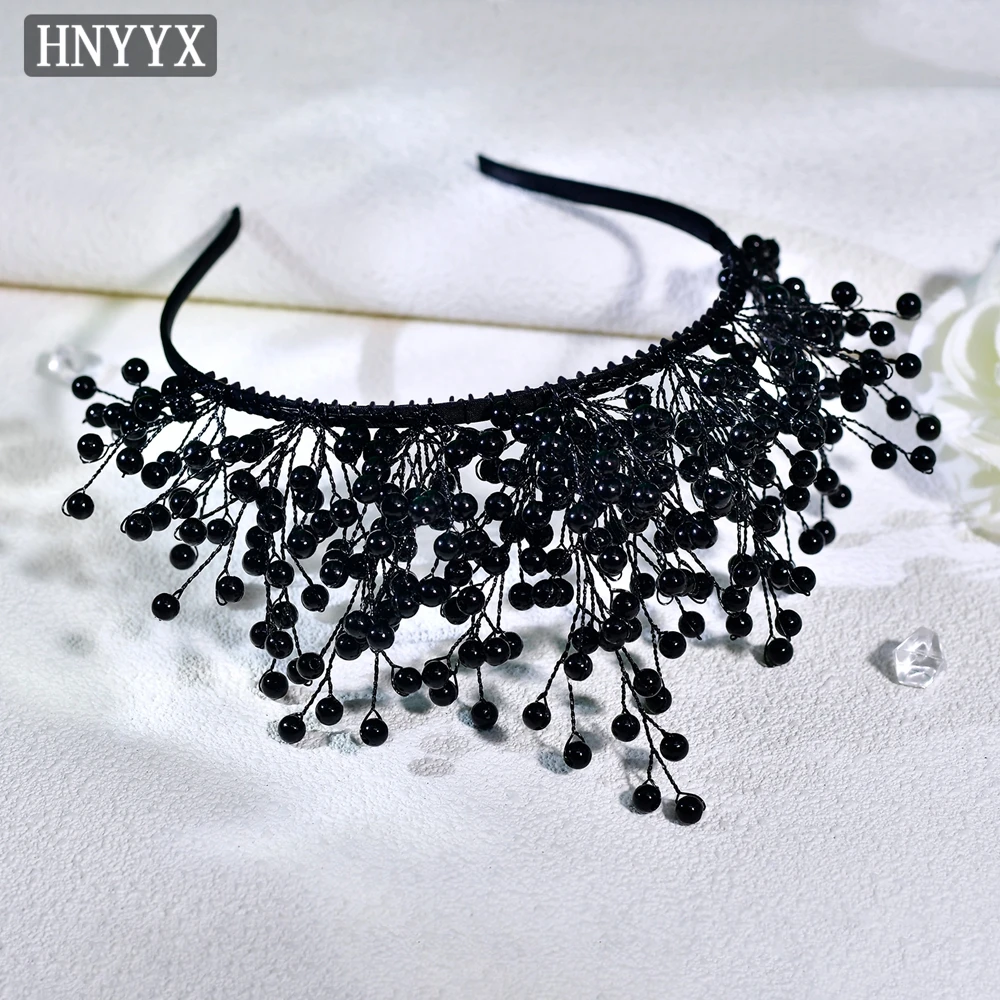 

HNYYX Trendy Black Pearl Headband Tiara Fashion Hairband For Women Pageant Prom Bridal Wedding Hair Accessories Jewelry A297