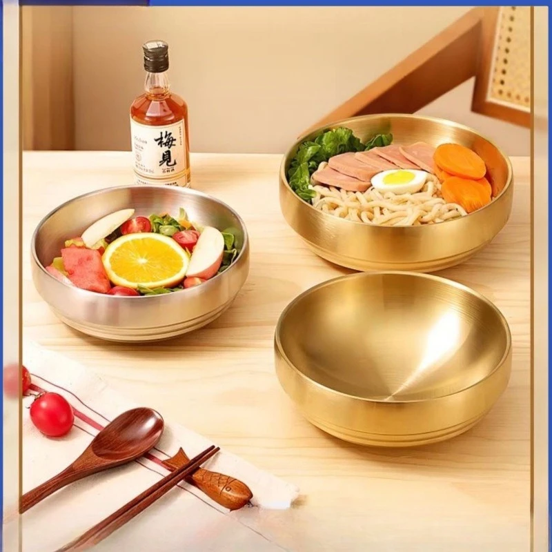 

Korean Style Double Layer Stainless Steel Cold Noodle Bowl Golden Salad Mixing Soup Noodle Bowl