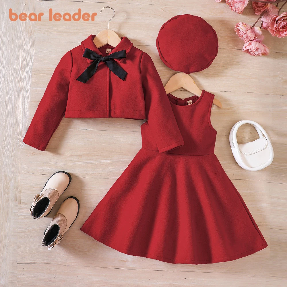 Bear Leader Christmas Red 3 Pieces Dresses Sets Baby Girls New Year Winter Bow Solid Color Coats and Dress with Hats