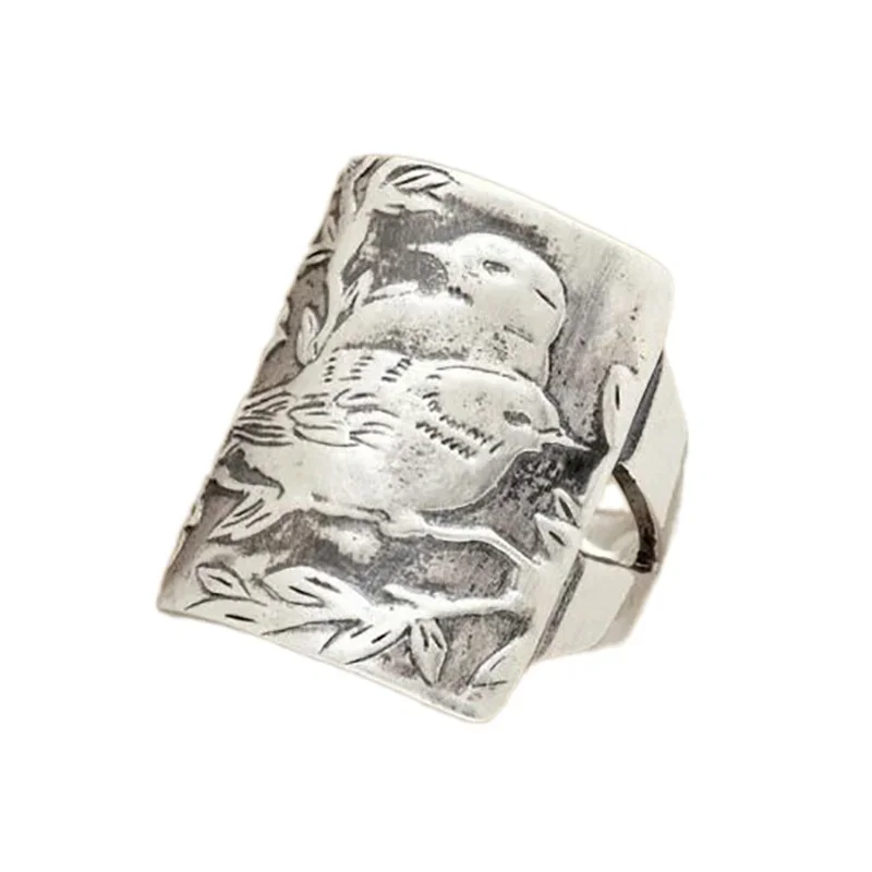 

Antique Silver Bird Bamboo Carving Rings Vintage Gothic Style Trendy Couple Wedding Jewelry for Men And Women