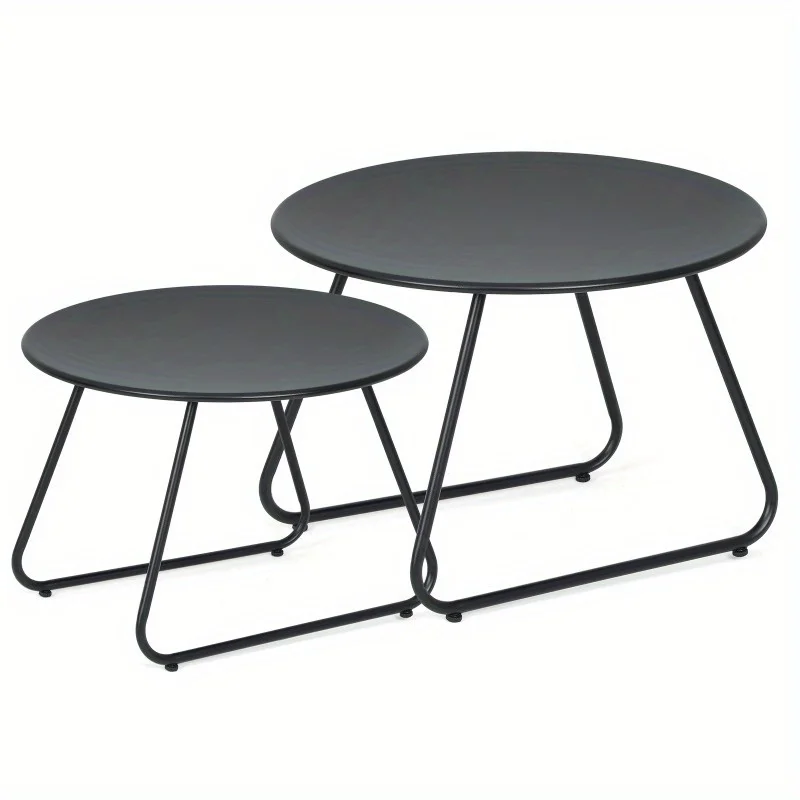 Black Outdoor Patio Nesting Side Tables Set of 2, Weather Resistant 24" Round Steel Coffee Tables for Garden Balcony Porch