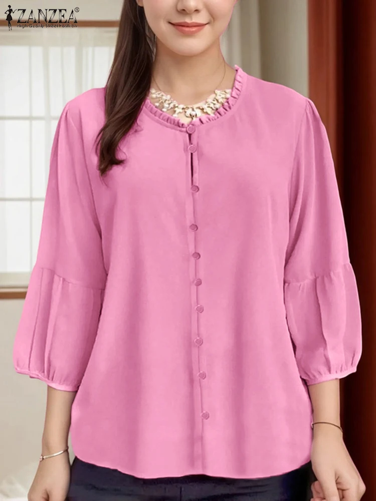 

ZANZEA Women Elegant 3/4 Sleeve Work Blouse Summer Autumn Shirt Stylish Solid Tops Female O Neck Loose Blusas Mujer Oversize