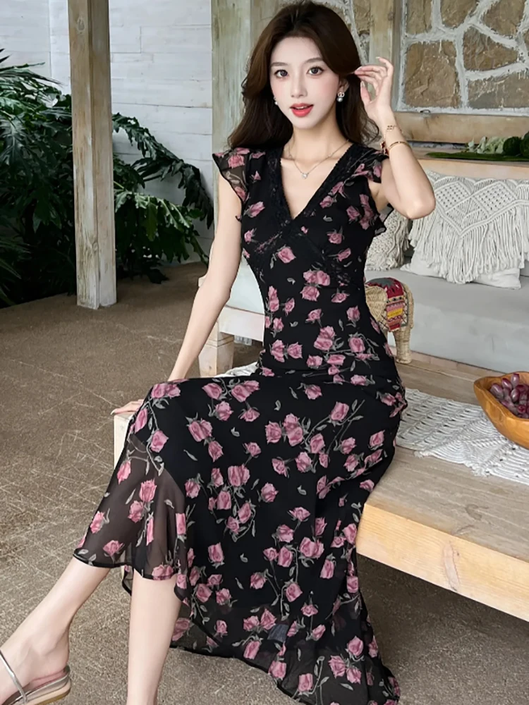 2025 สีดําชีฟองดอกไม้บินแขนเก๋ลูกไม้คอวีชุดผู้หญิงวินเทจB Odyconหรูหราชุดยาวฤดูร้อนชุดพรหมหรูหรา