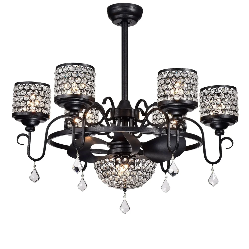 35 بوصة أسود كريستال Fandelier مروحة السقف التحكم عن بعد 7 ضوء الثريا الحديثة الحديد تصميم كفاءة دوران الهواء