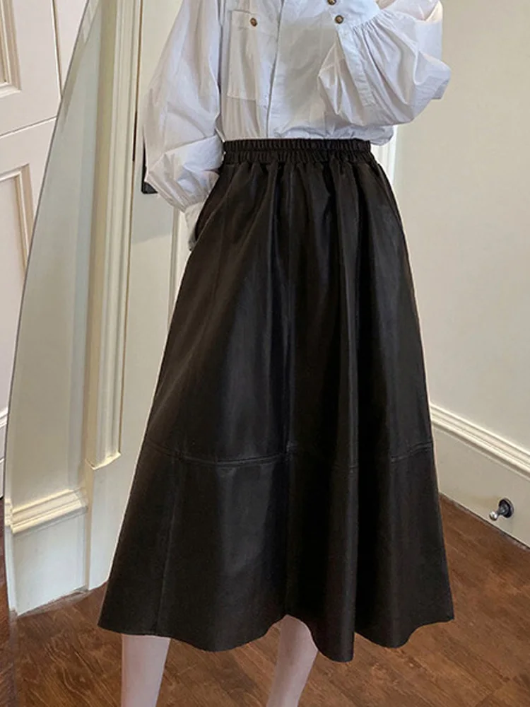 Casual Leather Skirt For Women Harajuku Lazy Style A-line Pockets Pleated Calf Long Jupe Femme Elastic Waist Beige Ropa Coreana