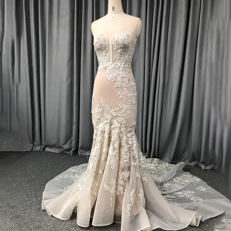 Strapless Sweetheart Trumpet Wedding Dress Organza Skirt Lace Applique Chapel Train
