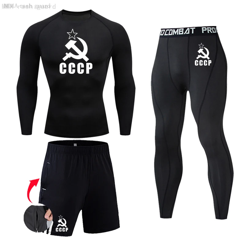 

CCCP Compression Sportswear Men's Gym Workout 2-in-1 3-in-1 Sports Suit Quick Drying Long Sleeve Shirt Second Skin Running suit