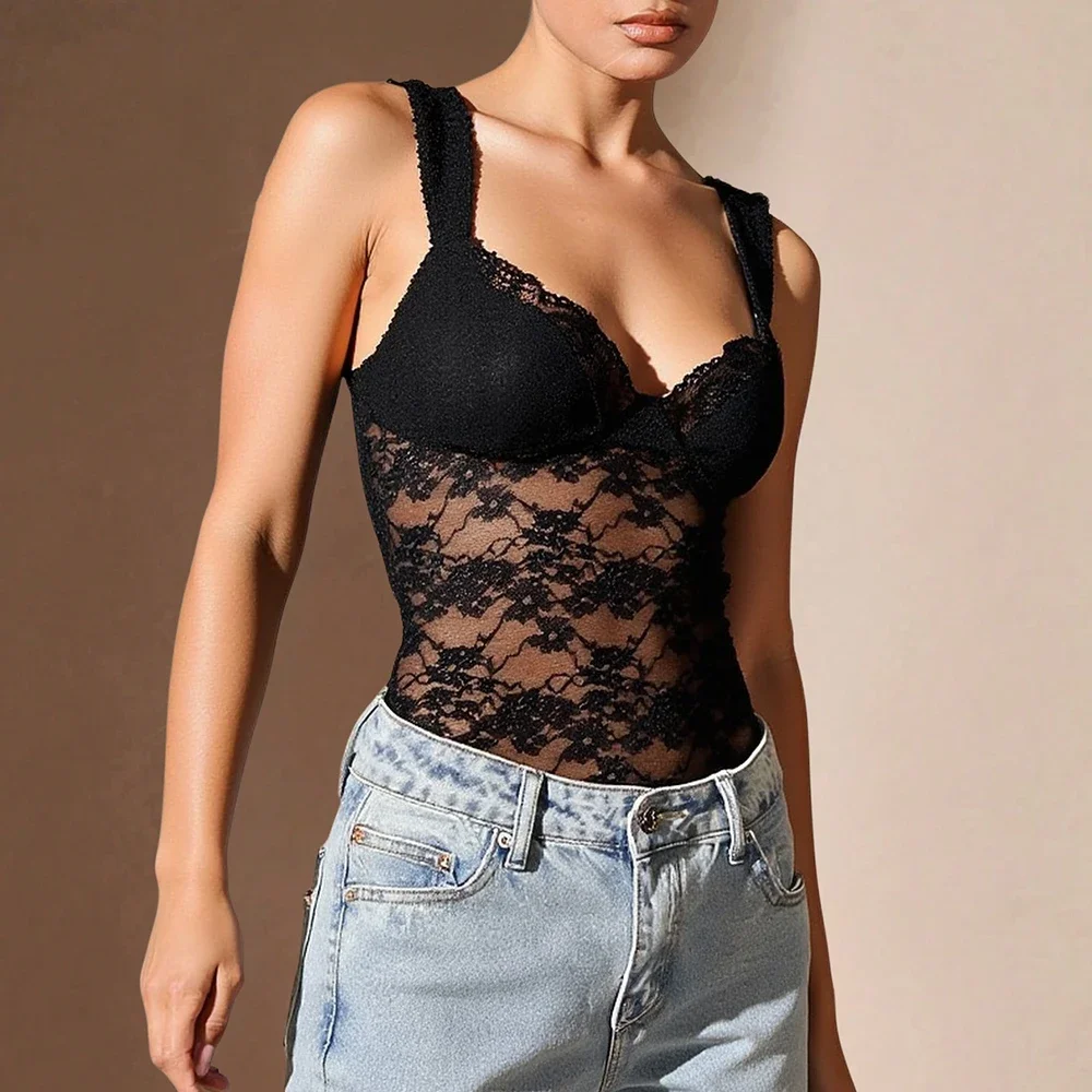 여름 섹시 시크 시스루 거즈 슬리브리스 스윗하트 넥 나이트 아웃 클럽 점프수트 여성용